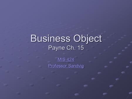 Business Object Payne Ch. 15 MIS 424 MIS 424 Professor Sandvig Professor Sandvig.