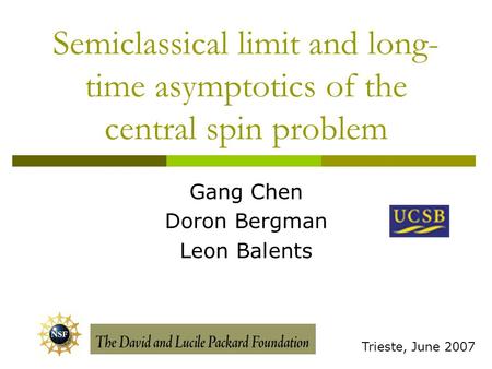 Semiclassical limit and long- time asymptotics of the central spin problem Gang Chen Doron Bergman Leon Balents Trieste, June 2007.