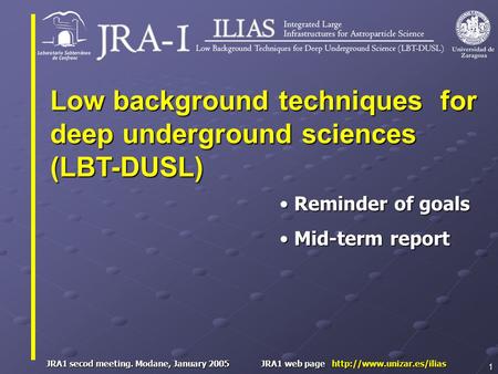 JRA1 secod meeting. Modane, January 2005 JRA1 web page  1 Reminder of goals Reminder of goals Mid-term report Mid-term report.