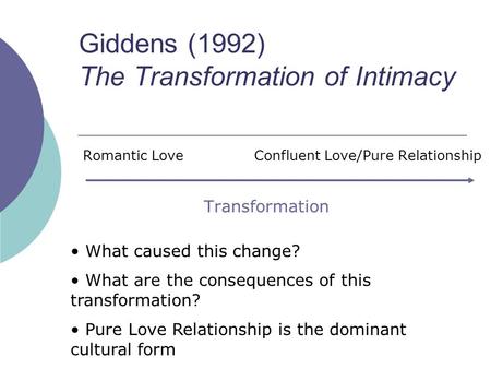 Giddens (1992) The Transformation of Intimacy