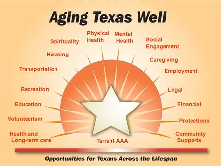 Health and Long-term care Volunteerism Recreation Education Spirituality Social Engagement Transportation Physical Health Mental Health Housing Caregiving.