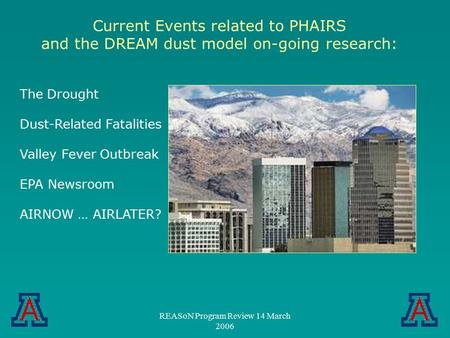 REASoN Program Review 14 March 2006 The Drought Dust-Related Fatalities Valley Fever Outbreak EPA Newsroom AIRNOW … AIRLATER? Current Events related to.