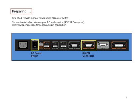 Preparing … First of all, recycle monitor power using AC power switch. Connect serial cable between your PC and monitor. (RS-232 Connector). Refer to Appendix.