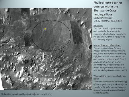 Phyllosilicate-bearing outcrop within the Eberswalde Crater landing ellipse Latitude/longitude: -23.824 North, 326.675 East Rationale: This brecciated,