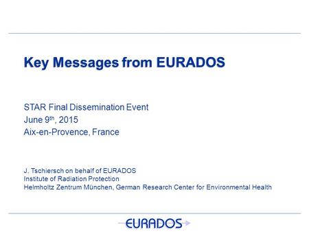 Key Messages from EURADOS STAR Final Dissemination Event June 9 th, 2015 Aix-en-Provence, France J. Tschiersch on behalf of EURADOS Institute of Radiation.