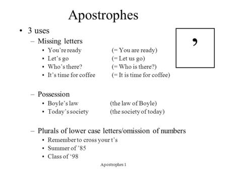 Apostrophes 1 Apostrophes 3 uses –Missing letters You’re ready (= You are ready) Let’s go (= Let us go) Who’s there? (= Who is there?) It’s time for coffee.