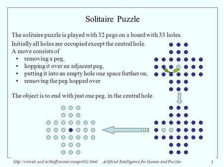 Intelligence for Games and Puzzles1 Solitaire Puzzle The solitaire puzzle is played with 32 pegs.