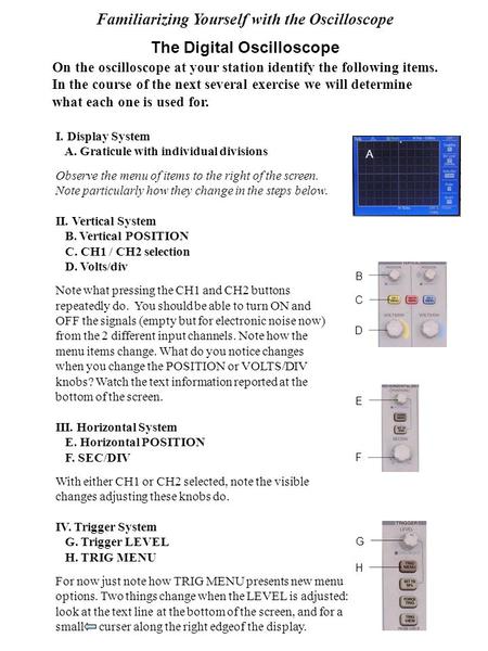 Familiarizing Yourself with the Oscilloscope The Digital Oscilloscope On the oscilloscope at your station identify the following items. In the course of.