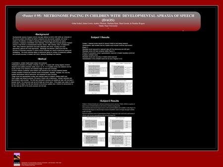 Poster # 95: METRONOME PACING IN CHILDREN WITH DEVELOPMENTAL APRAXIA OF SPEECH (DAOS) John Seikel, Jaime Lewis, Audrey Weston, Barbara Bain, Shari Goode,