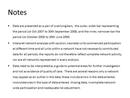 Notes  Data are presented as a pair of overlying bars, the outer, wider bar representing the period 1st Oct 2007 to 30th September 2008, and the inner,