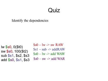 Quiz $s0 – lw -> sw RAW $s1 – sub -> addRAW $s0 – lw -> add WAW $s0 – sw -> add WAR Identify the dependencies lw $s0, 0($t0) sw $s0, 100($t2) sub $s1,