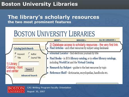 CAS Writing Program Faculty Orientation August 30, 2007 Boston University Libraries The library’s scholarly resources the two most prominent features.