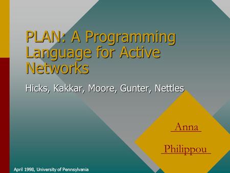 April 1998, University of Pennsylvania Anna Philippou PLAN: A Programming Language for Active Networks Hicks, Kakkar, Moore, Gunter, Nettles.