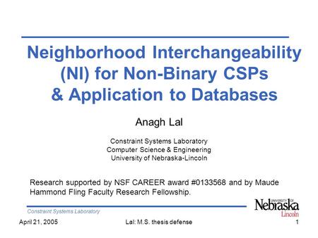 Constraint Systems Laboratory April 21, 2005Lal: M.S. thesis defense1 Neighborhood Interchangeability (NI) for Non-Binary CSPs & Application to Databases.