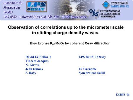 David Le Bolloc’h LPS Bât 510 Orsay Vincent Jacques N. Kirova Jean DumasIN Grenoble S. RavySynchrotron Soleil ECRYS 08 Observation of correlations up to.