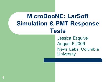 1 MicroBooNE: LarSoft Simulation & PMT Response Tests Jessica Esquivel August 6 2009 Nevis Labs, Columbia University.