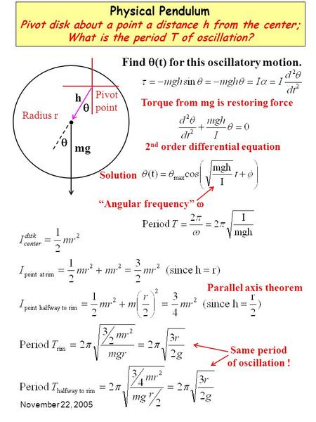 November 22, 2005 Physical Pendulum Pivot disk about a point a distance h from the center; What is the period T of oscillation? h mg   Find  (t) for.