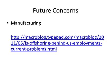 Future Concerns Manufacturing  11/05/is-offshoring-behind-us-employments- current-problems.html.