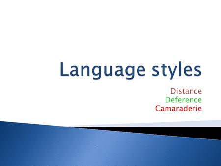 Distance Deference Camaraderie.  Distance: typical of middle and upper class Europeans and Americans, sets boundaries between persons; protects “turf”