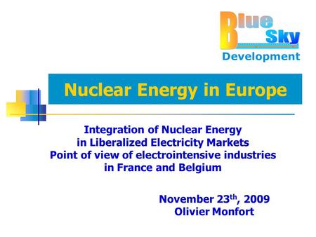 Development Nuclear Energy in Europe Integration of Nuclear Energy in Liberalized Electricity Markets Point of view of electrointensive industries in France.