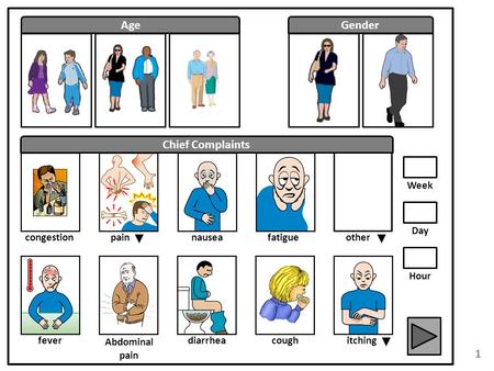 1 AgeGender Chief Complaints congestion fever pain Abdominal pain other diarrhea nausea cough fatigue itching Week Day Hour.