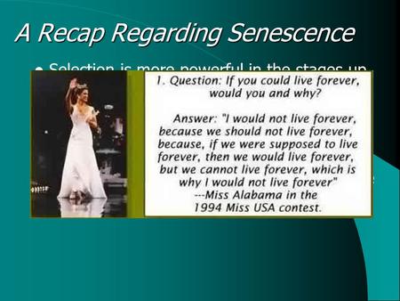 A Recap Regarding Senescence Selection is more powerful in the stages up to the age of peak reproductive value If a pleiotropic gene is introduced that.