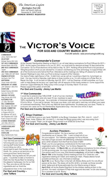 Nonprofit org. U.S. Postage PAID Pensacola, FL Permit No. 385 The American Legion Warrington Post 240 8666 Gulf Beach Highway Pensacola FL 32507-2639 ADDRESS.