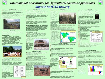 TOOLKIT One of the main activities of ICASA is to develop computer models and decision support systems for agricultural and environmental applications.