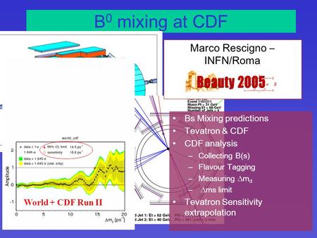 B 0 mixing at CDF World + CDF Run II Marco Rescigno – INFN/Roma Bs Mixing predictions Tevatron & CDF CDF analysis –Collecting B(s) –Flavour Tagging –Measuring.