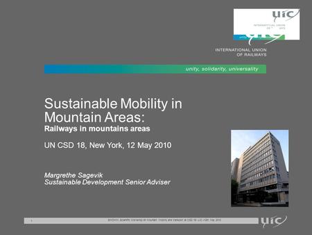 SWOMM, Scientific Workshop on Mountain Mobility and transport at CSD 18/ UIC –12th May 2010 1 Sustainable Mobility in Mountain Areas: Railways in mountains.