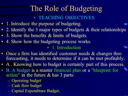 The Role of Budgeting TEACHING OBJECTIVES