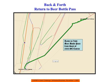 DAPRPA Grand Challenge, Unfinished Business, November 1, 2005 Back & Forth Return to Beer Bottle Pass Route to/from Beer Bottle Pass from Start of 2005.