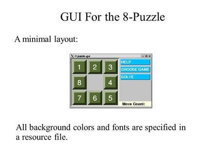 GUI For the 8-Puzzle A minimal layout: All background colors and fonts are specified in a resource file.