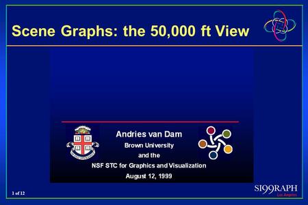 1 of 12 Scene Graphs: the 50,000 ft View. 2 of 12 Traditional Definition Historical roots: Sketchpad  linear display lists  hierarchical display lists.