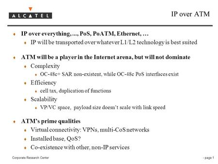 Corporate Research Center - page 1 IP over ATM t IP over everything,..., PoS, PoATM, Ethernet, … t IP will be transported over whatever L1/L2 technology.