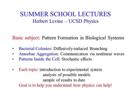 SUMMER SCHOOL LECTURES Herbert Levine – UCSD Physics Basic subject: Pattern Formation in Biological Systems Bacterial Colonies: Diffusively-induced Branching.