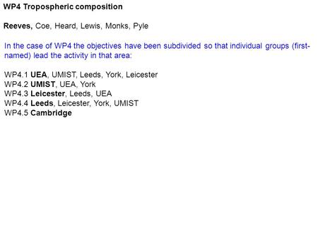 WP4 Tropospheric composition Reeves, Coe, Heard, Lewis, Monks, Pyle In the case of WP4 the objectives have been subdivided so that individual groups (first-