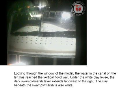 Looking through the window of the model, the water in the canal on the left has reached the vertical flood wall. Under the white clay levee, the dark swampy/marsh.