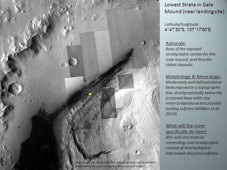 Lowest Strata in Gale Mound (near landing site) Latitude/longitude: 4°47'30S, 137°17'50”E Rationale: Base of the exposed stratigraphic section for the.