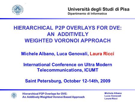 Hierarchical P2P Overlays for DVE: An Additively Weighted Voronoi Based Approach Michele Albano Luca Genovali Laura Ricci HIERARCHICAL P2P OVERLAYS FOR.