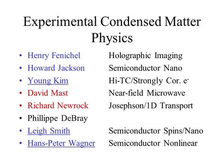 Experimental Condensed Matter Physics Henry FenichelHolographic Imaging Howard JacksonSemiconductor Nano Young KimHi-TC/Strongly Cor. e - David MastNear-field.