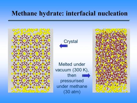 Methane hydrate: interfacial nucleation Crystal Melted under vacuum (300 K), then pressurised under methane (30 atm)