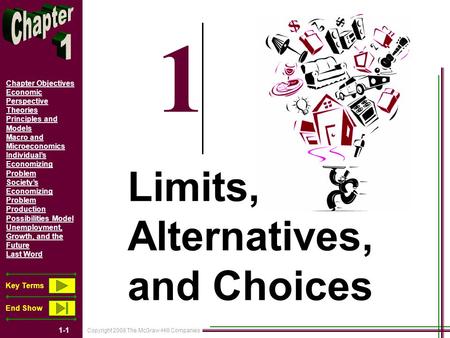 Copyright 2008 The McGraw-Hill Companies 1-1 Chapter Objectives Economic Perspective Theories Principles and Models Macro and Microeconomics Individual’s.