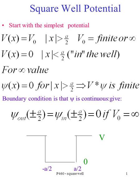 P460 - square well1 Square Well Potential Start with the simplest potential Boundary condition is that  is continuous:give: V 0 -a/2 a/2.