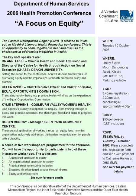 Department of Human Services 2006 Health Promotion Conference “A Focus on Equity” Department of Human Services 2006 Health Promotion Conference “A Focus.