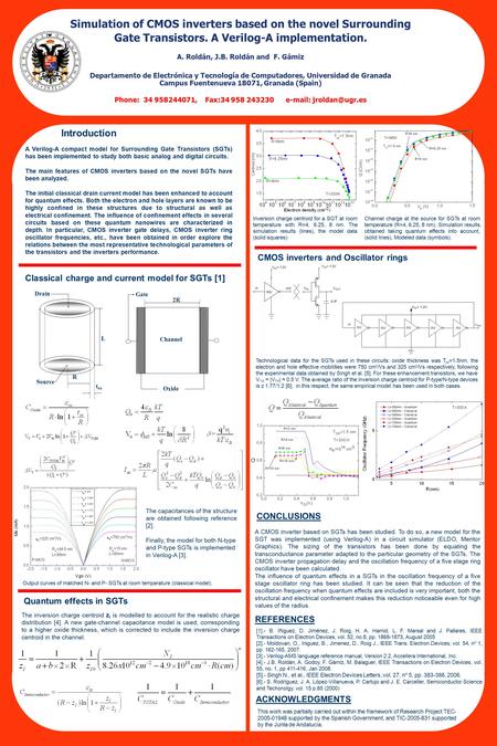 Simulation of CMOS inverters based on the novel Surrounding Gate Transistors. A Verilog-A implementation. A. Roldán, J.B. Roldán and F. Gámiz Departamento.