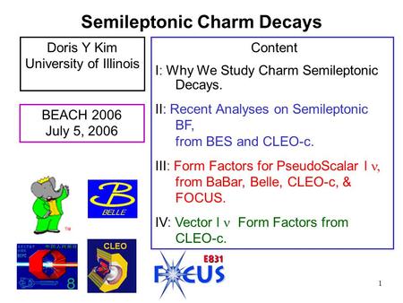 1 BEACH 2006 July 5, 2006 Content I: Why We Study Charm Semileptonic Decays. II: Recent Analyses on Semileptonic BF, from BES and CLEO-c. III: Form Factors.