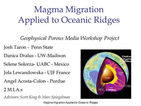 Magma Migration Applied to Oceanic Ridges Geophysical Porous Media Workshop Project Josh Taron - Penn State Danica Dralus - UW-Madison Selene Solorza-