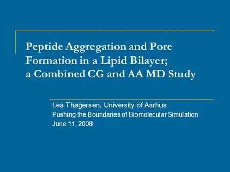 Peptide Aggregation and Pore Formation in a Lipid Bilayer; a Combined CG and AA MD Study Lea Thøgersen, University of Aarhus Pushing the Boundaries of.