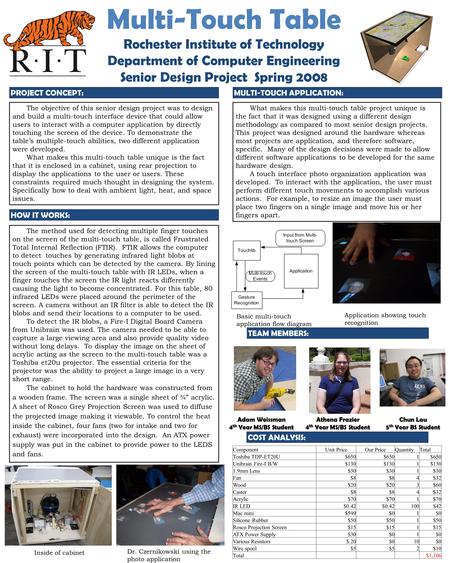 The objective of this senior design project was to design and build a multi-touch interface device that could allow users to interact with a computer application.